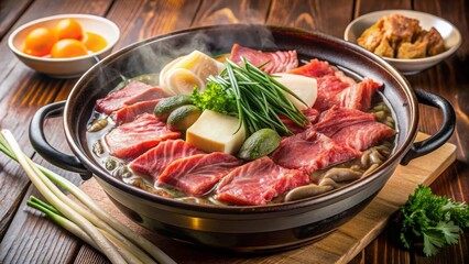 Enjoying sukiyaki hot pot with thinly sliced ingredients at a cozy japanese restaurant a culinary delight