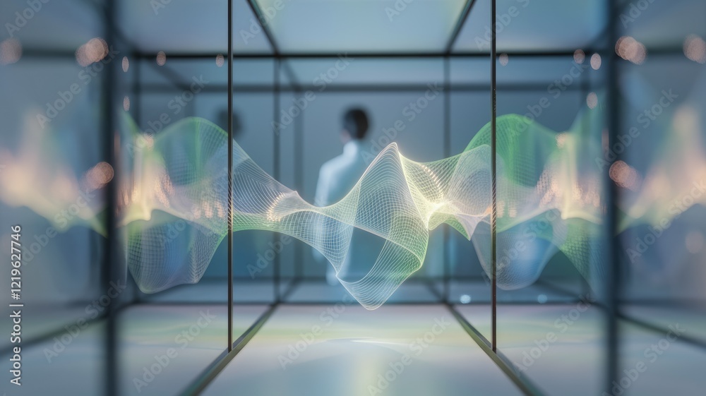 Poster Abstract digital wave visualization within a glass cube, showcasing data flow or network connectivity.