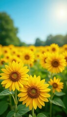 Obraz premium Vibrant yellow sunflowers fill frame, bright summer scene, stems, texture