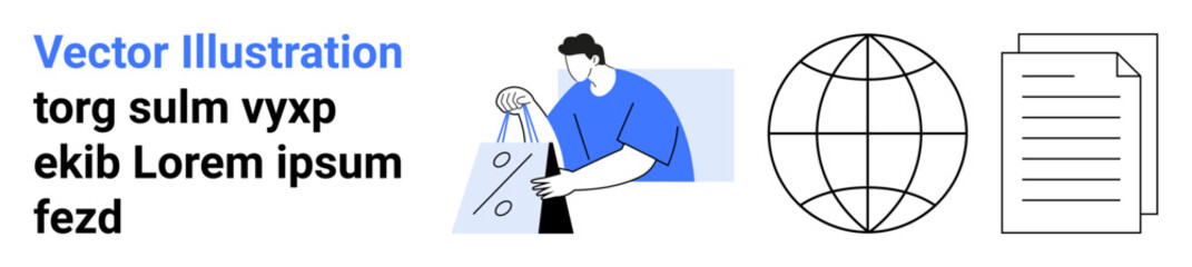 Man holding shopping bags, a globe symbolizing global connectivity, and a stack of documents. Ideal for e-commerce, globalization, information sharing, business reports, online shopping, work