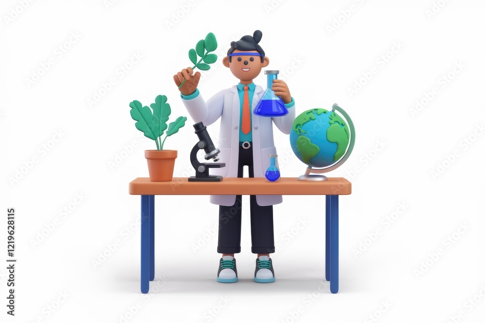 Poster A 3D cartoon scientist examines a plant, using a microscope and beakers in a lab setting.