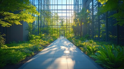 A modern glass building with a sleek,