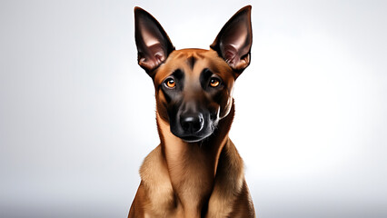 Obraz premium Elegant Belgian Malinois Mix with a Sleek Coat and Expressive Eyes, Showcasing Strong Muscles and Alert Posture Against a Seamless White Background