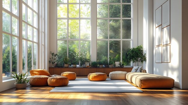 A vibrant interior scene of an open concept living space with minimalist furniture