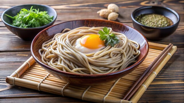 Experience the delight of tsukimi soba noodles with raw egg in traditional japanese cuisine captivating food presentation for culinary enthusiasts