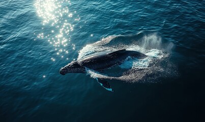 Fototapeta premium Here's a 10-word description of the image: Humpback whale breaches,