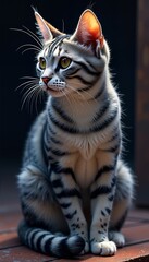 Fototapeta premium A cat with stripes sits on a brick floor