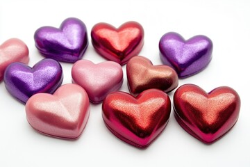 A cluster of delicious-looking chocolate hearts arranged neatly on a clean white surface