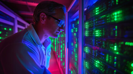 An IT specialist in a data center checking server racks, with glowing blue and green lights reflecting off the equipment