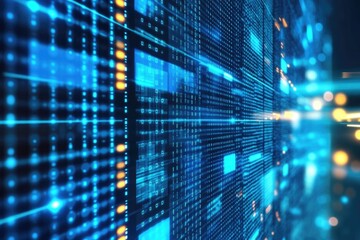 Fototapeta premium A dark room lit by a wall of blue and yellow neon lights, perfect for party or event atmosphere