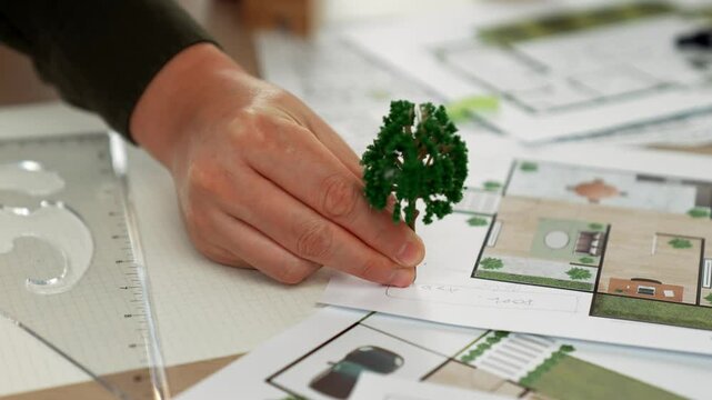 A video of architect using tree and home model to measure blueprint. Architect designing house construction on a table at studio, with architectural plan scattered around. Focus on hand. Delineation.