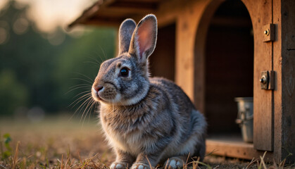 Fototapeta premium Rabbit sitting outside its hutch in a natural setting, Rabbit in a hutch 