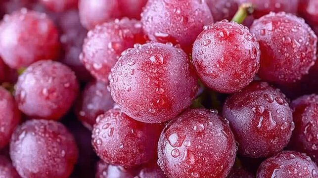 Dewy red grapes close-up, bunch, background blur, food photography