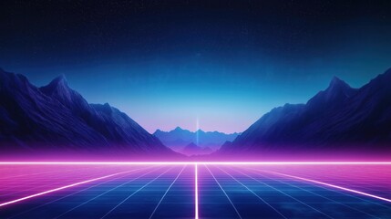 Retro video game landscape with futuristic design. Glowing neon lights create vibrant background. Mountains in distance suggest sci-fi setting. Grid pattern visible on ground. High-tech computer