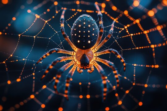 A spider sits atop its intricate web, ready to catch prey