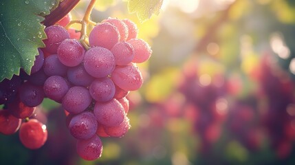 Dewy red grapes vineyard sunrise harvest
