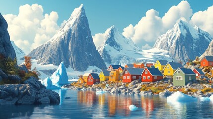 Greenland's natural beauty with its culture, showing a small Inuit settlement with colorful houses nestled beside a fjord, with majestic mountains and icebergs in the background, 16:9