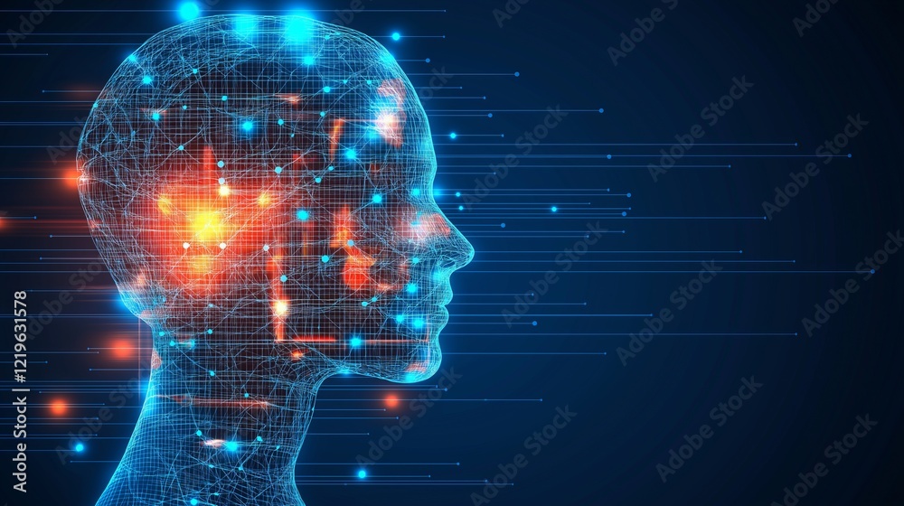 Aufkleber digital human head with glowing neural connections, representing artificial intelligence, technology