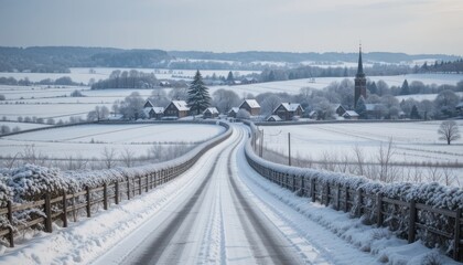 Snow-covered country road leading to a quaint village, with houses and fields blanketed in white