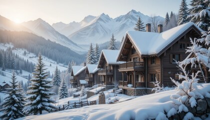 Stunning winter landscape with wooden houses covered with snow. Christmas and winter holidays concept