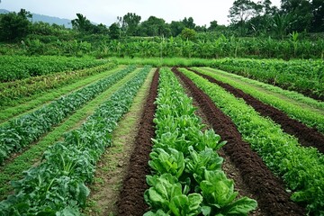Organic Vegetable Farm Rows Lush Green Leafy Greens Growing Healthy Food Agriculture Plantation Rural Scene Natural Farming Eco Friendly Sustainable Agriculture