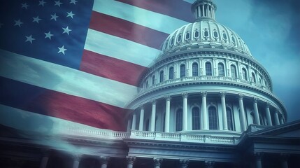The United States Capitol building with an American flag backdrop, symbolizing government, democracy, politics, and national heritage, Generative AI