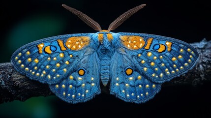 A vibrant moth resting on a branch with faintly glowing wings against black
