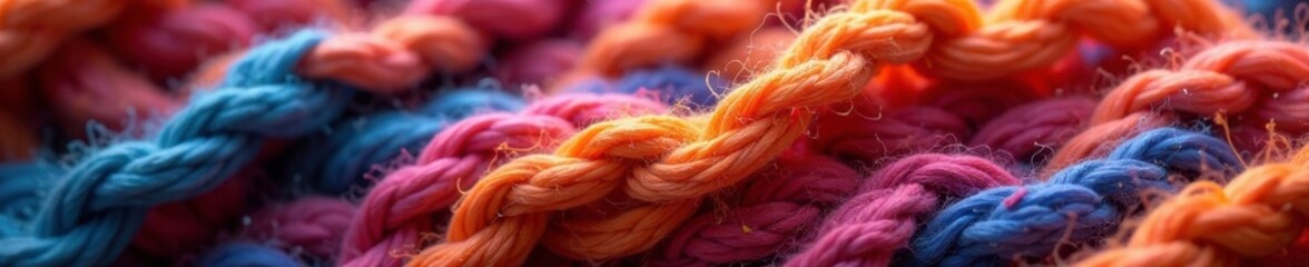 colorful knitted fabric with varied thread lengths and textures, intertwine, hue