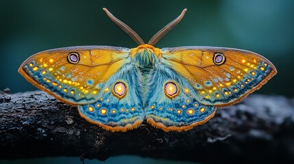 A vibrant moth resting on a branch with faintly glowing wings against black