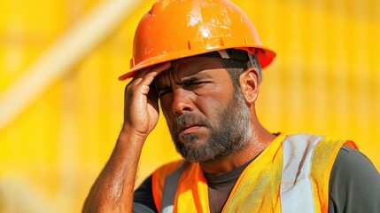 Construction worker experiencing heat stress, fatigue. Man wears safety helmet, safety vest. Looks exhausted under strong sunlight. Outdoor work environment. Focus on worker face, sweat. Potential