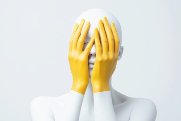 Minimalist art expressionless person with yellow hands covering face on white background - conceptual portrait of emotion and identity