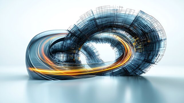 Abstract swirling light trails in 3D structure, technology concept, white background
