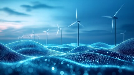 digital landscape with glowing blue waves and wind turbines symbolizing renewable energy, innovation, and sustainable technology advancement, Generative AI