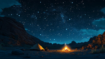 A camper setting up a tent under a starry night sky, with a campfire glowing in the foreground