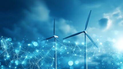 digital landscape with glowing blue waves and wind turbines symbolizing renewable energy, innovation, and sustainable technology advancement, Generative AI