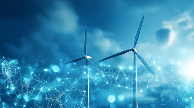 digital landscape with glowing blue waves and wind turbines symbolizing renewable energy, innovation, and sustainable technology advancement, Generative AI