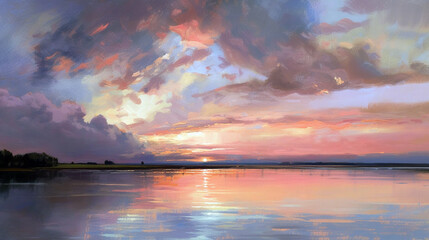 Fototapeta premium sunset impressionism oil painting with a picturesque sunset with orange and purple on a beautiful sandy beach with puffy clouds.