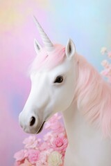 A white unicorn with pink hair and a pink flower in its mane. The unicorn is standing in front of a pink background