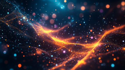 Fototapeta premium Abstract digital landscape with glowing orange particles and bokeh lights
