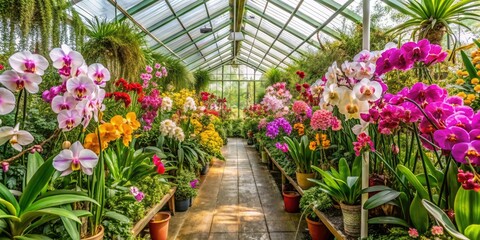 Greenhouse filled with a variety of exotic orchids and tropical plants, natural, foliage, greenhouse