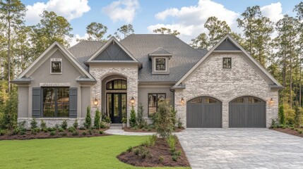 House facade with stone, drive.