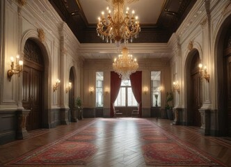 Fototapeta premium Grand entrance hall with high ceiling and chandelier, sweeping staircase, foyer