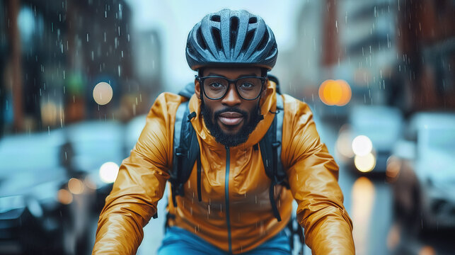 Young black man wearing a bright yellow raincoat and helmet, riding his bicycle through the city on a rainy day, promoting sustainable mobility and eco-friendly transportation - Powered by Adobe