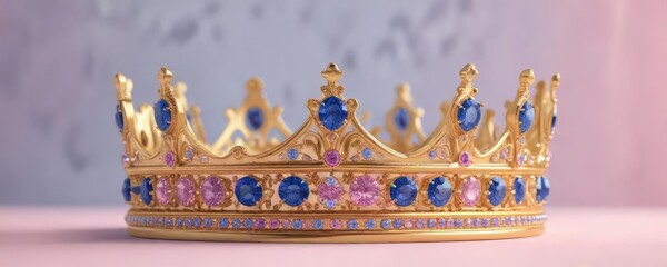 Fototapeta premium Gold crown adorned with glittering blue and pink sapphires on a pastel-colored backdrop, gold crown, blue sapphire, soft pink