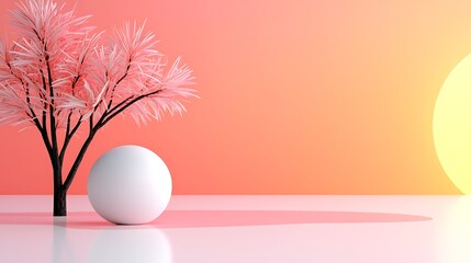 Minimalist Sunset Scene with Pink Tree and White Sphere