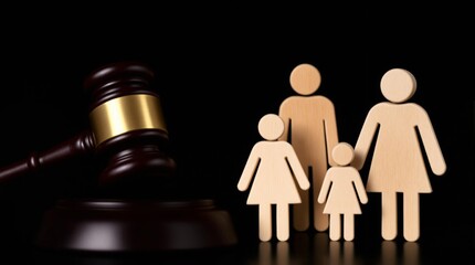 A gavel and wooden figures representing the legal system and family law