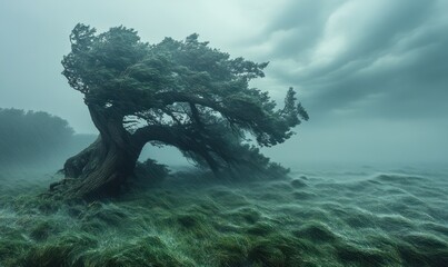 Fototapeta premium Windswept tree, stormy seagrass, rain.