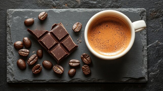 Enjoying a rich cup of coffee with a dark chocolate square on a gray slate background