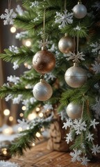 Fototapeta premium Glittering ornaments hang from the branches of a sturdy, wooden Christmas tree, amidst a sea of snowflakes , snowflake, ornaments