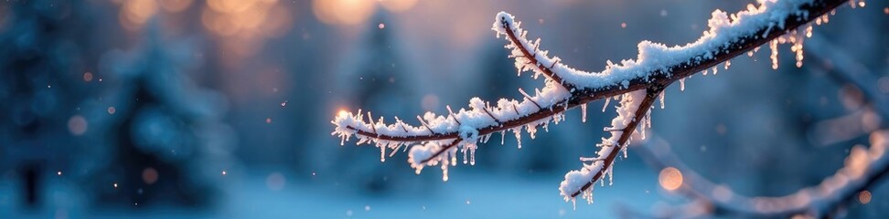 Obraz premium Glittering ice crystals on frosty tree branch, icy, sparkles, glitter